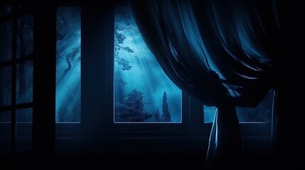 Halloween night eerie window with blue curtain empty space for copy. silhouette concept