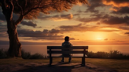 Fototapeta na wymiar A bench in front of a sunset view with a boy sitting on it. silhouette concept