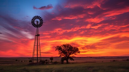 Colorful sunset with windmill and trees in rural Kansas north of Hutchinson. silhouette concept - obrazy, fototapety, plakaty