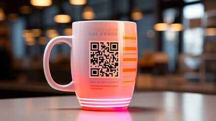 Engraved QR code on coffee mug, symbolizing the tranquility of contemporary digital payments, generative AI