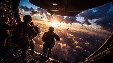 Army soldiers and paratroopers descending from an Air Force C 130 during an airborne operation. silhouette concept - obrazy, fototapety, plakaty