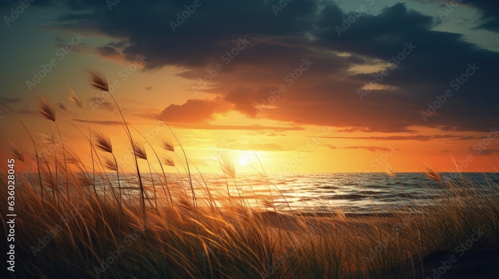 Aufkleber sun setting on beach with grass in front. silhouette concept