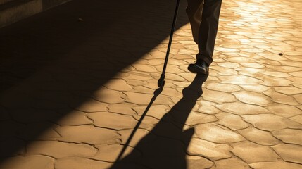 Limping person with cane shadow on ground Symbolizing disability old age blindness intense life. silhouette concept - obrazy, fototapety, plakaty