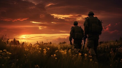Pair of soldiers at sundown. silhouette concept