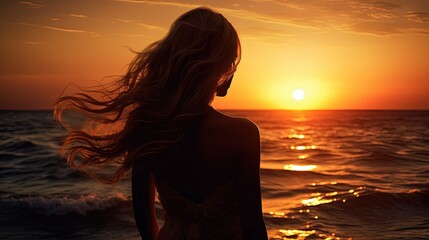 Young woman s silhouette against a sunset over the sea