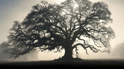 Foggy day with silhouette of an oak tree
