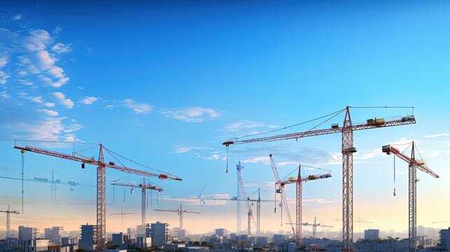 Cranes at construction site beneath clear sky. silhouette concept