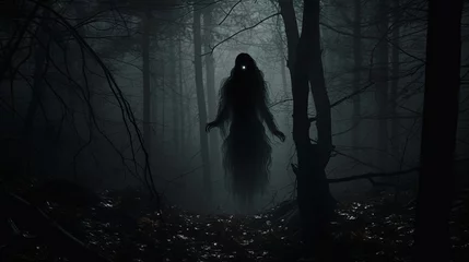 Poster Im Rahmen Terrifying female ghost with black hair in a dark forest. silhouette concept © HN Works