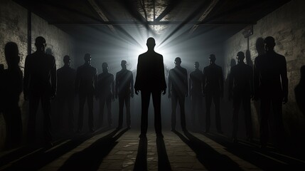 Spooky silhouettes of horror zombies standing in a dark abandoned building