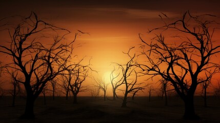 eerie sunset bare tree outlines. silhouette concept