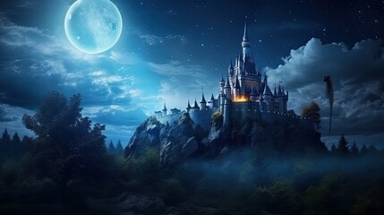 Beautiful castle under moonlit sky in fairy tale. silhouette concept - obrazy, fototapety, plakaty