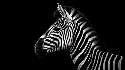 Fototapeta na wymiar Black and white photo of a zebra head on a black background isolated side view. silhouette concept