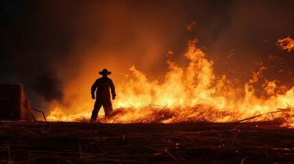 Fototapeta premium Firefighter extinguishing fire in hay stacks. silhouette concept