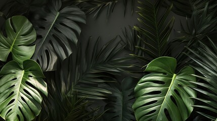 Obraz na płótnie Canvas Overhead view of tropical monstera and palm leaves with shadow background. silhouette concept