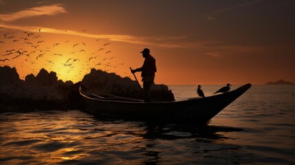 In Progresso Mexico fishermen on a small boat are silhouetted against strong backlight with a neotropic cormorant perched on rocks nearby