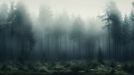 Fototapeta na wymiar Fog covering snowy forest. silhouette concept