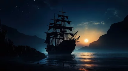 Fototapete Schiff Silhouette of pirate ship at night with mysterious sea light