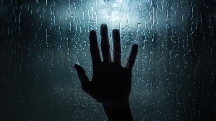 Hand silhouette through wet glass