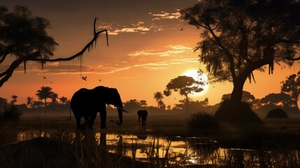 Fototapeta na wymiar Elephant s silhouette in Thai countryside