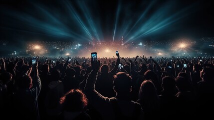 Massive crowd at music festival recording concert on smartphones. silhouette concept