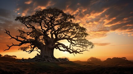 Fototapeta na wymiar Sunset over ancient oak. silhouette concept
