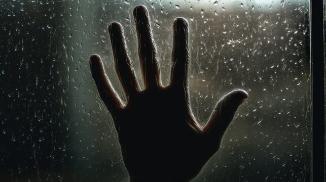 Hand silhouette through wet glass