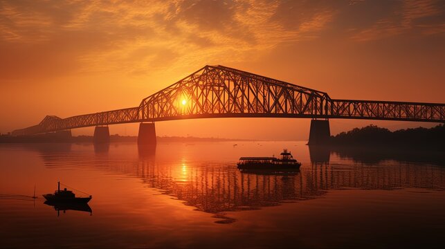 Sunrise silhouette of Howrah Bridge a suspended span over the Hooghly River in West Bengal