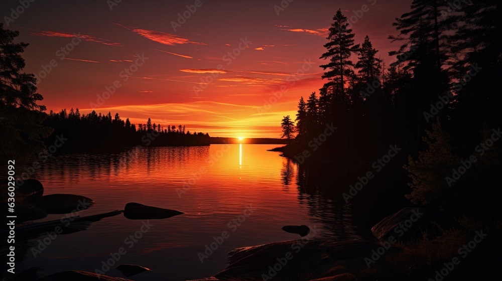 Poster silhouette of trees in front of a canadian lake at twilight with a glowing sunset