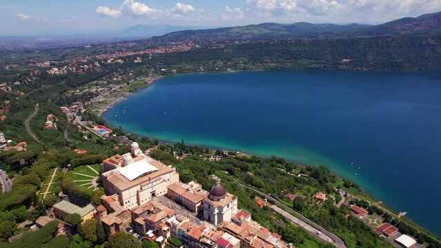 Most scenic lakes of Italy - volcanic Albano lake , aerial drone view of Castel Gandolfo and volcano crater. popular touristic site near Rome

