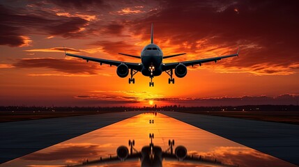 Fototapeta na wymiar Airplane arrives flying low with scenic sunset backdrop. silhouette concept