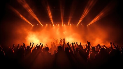 Crowd at a concert claps while musicians perform onstage illuminated by spotlight with dancing...