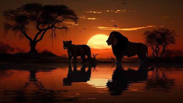 Lions silhouette reflected in water during African safari