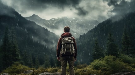 Fototapeta na wymiar Hiker with backpack in mountainous forest during rain. silhouette concept