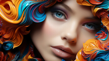 Naklejka premium Painted Diversity: A Woman's Face Adorned in Acrylic Celebrates Freedom, LGBT Awareness, and Glamorous Style