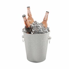 3D render of a silver metal bucket filled with various types of beer bottles and ice