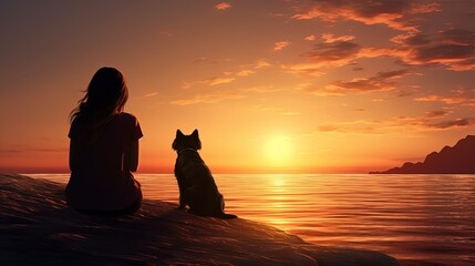 A girl and her dog enjoy the beach sunset in the bay. silhouette concept