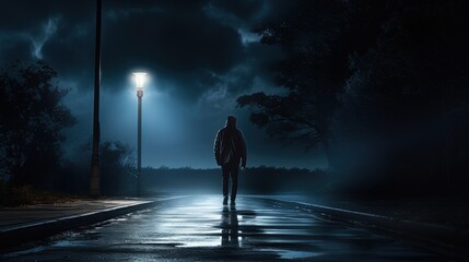 A man with a flashlight examines the road at night. silhouette concept