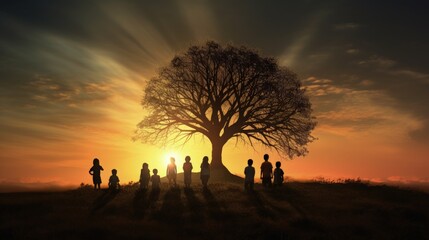 Fototapeta na wymiar Children under tree on meadow happy silhouettes