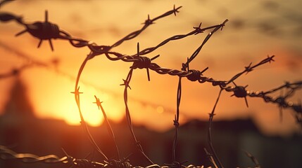 Selective Focus on wall with aged barbed wire fence. silhouette concept