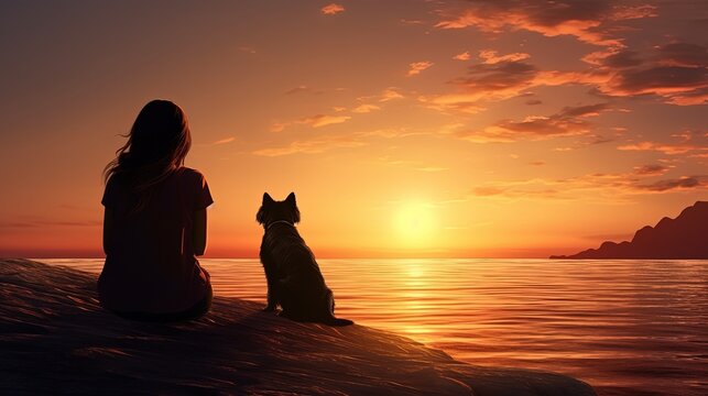 A girl and her dog enjoy the beach sunset in the bay. silhouette concept