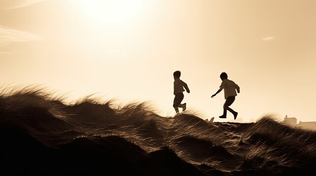 Two boys sprinting on sand dunes near the ocean at dusk with a sepia toned black and white effect. silhouette concept