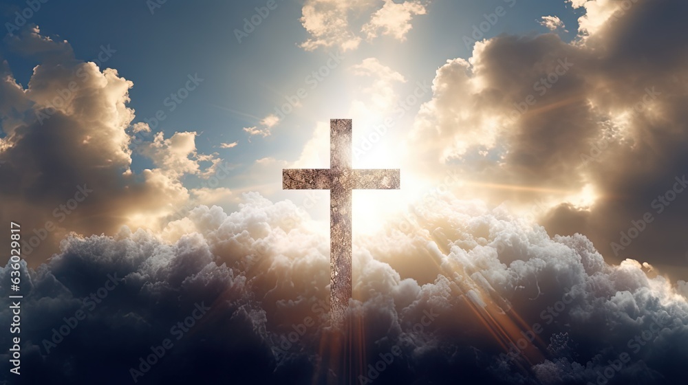 Aufkleber a miraculous event occurred in the sky with fluffy clouds forming a cross. silhouette concept