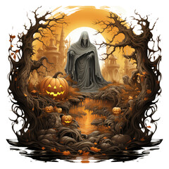  A captivating Halloween ghost design showcasing a ghostly figure rising from a pumpkin patch, ancient stone circle with mystic symbols, Generative Ai