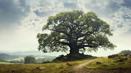 Ancient oak tree in the town. silhouette concept - obrazy, fototapety, plakaty