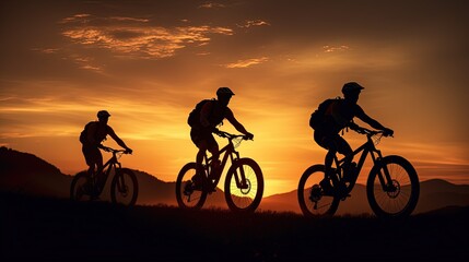 Man riding bicycles outdoors at sunset captured in three silhouette shots