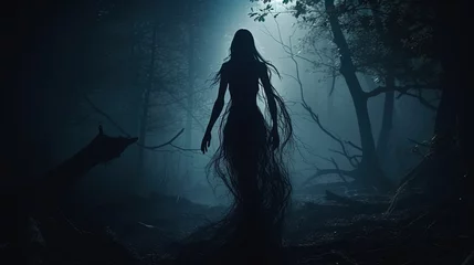 Gordijnen Terrifying female ghost with black hair in a dark forest. silhouette concept © HN Works