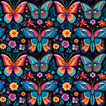 Butterflies alebrije folk art seamless texture, tiling pattern, wallpaper, background, texture