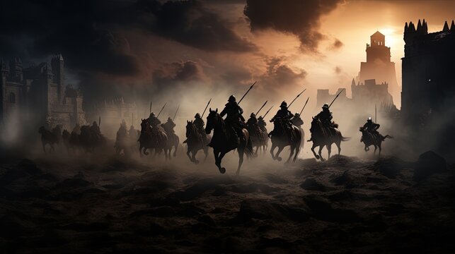 Warriors in medieval battle scene fighting in silhouette against a foggy background with castle