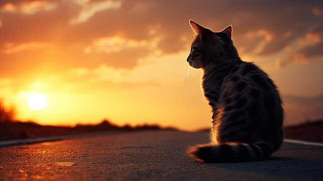 Cute cat on road with sunset background looking at wonderful sunset. silhouette concept