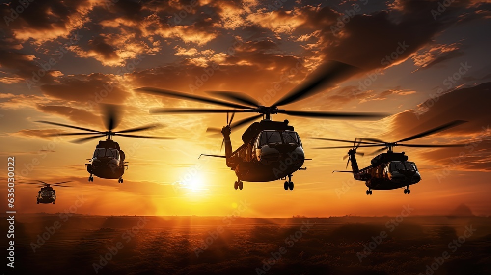 Sticker Five military helicopters silhouetted against a golden sunset sky